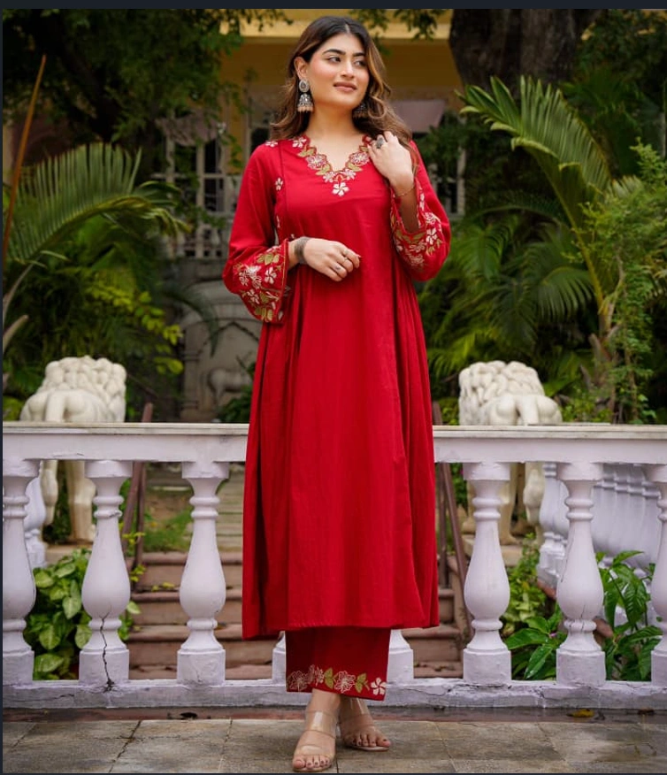 Chanderi Silk Red Floral Embroidered 3-Piece Kurta with Organza Dupatta