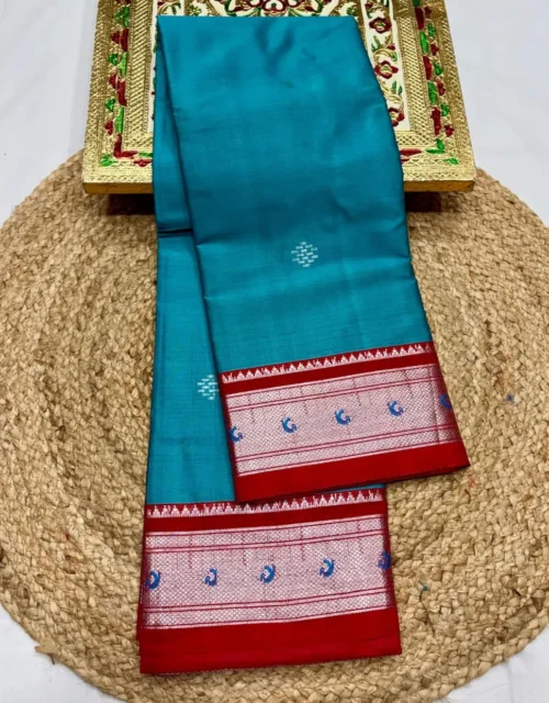 Teal Blue Soft Silk Paithani Saree with Red Contrast Zari Border
