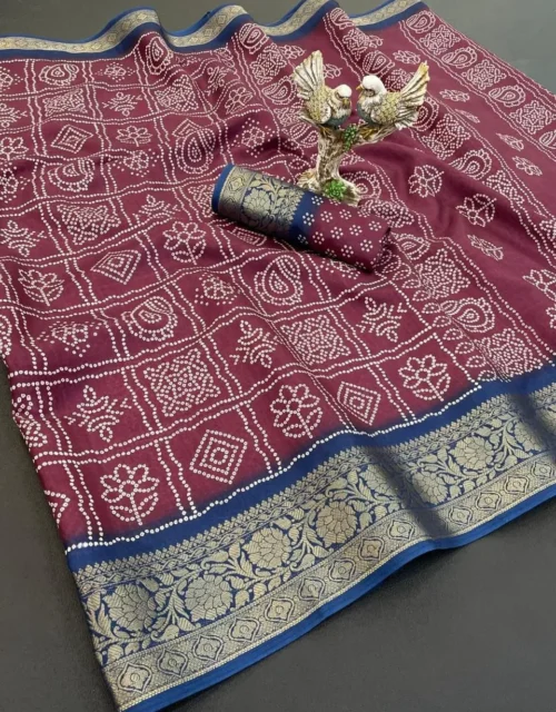 Wine Maroon Bandhani Print Saree with Navy Blue & Gold Border
