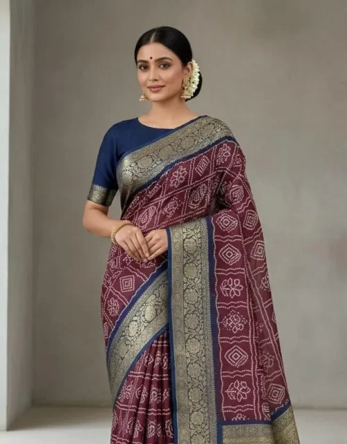 Wine Maroon Bandhani Print Saree with Navy Blue & Gold Border