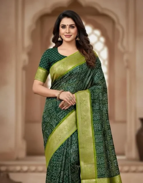 Emerald Green Bandhani Print Saree with Contrast Lime Border