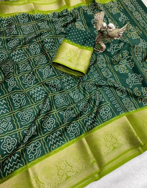 Emerald Green Bandhani Print Saree with Contrast Lime Border