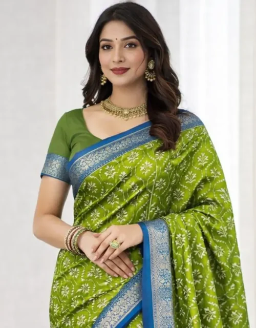Olive Green Bandhani Print Saree with Royal Blue Woven Border