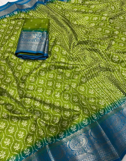 Olive Green Bandhani Print Saree with Royal Blue Woven Border