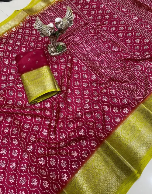 Maroon Bandhani Print Saree with Lime Yellow Zari Woven Border