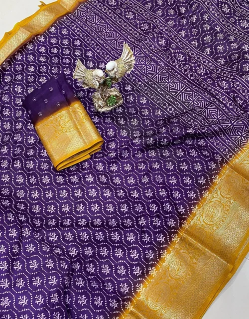 Royal Purple Bandhani Print Saree with Mustard Gold Zari Border