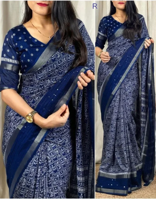 Elegant Navy Blue Kalamkari Printed Saree with Silver-Toned Border