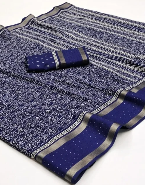 Elegant Navy Blue Kalamkari Printed Saree with Silver-Toned Border