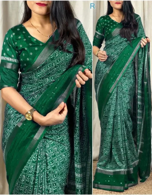 Classic Bottle Green Kalamkari Printed Saree with Antique Gold Border