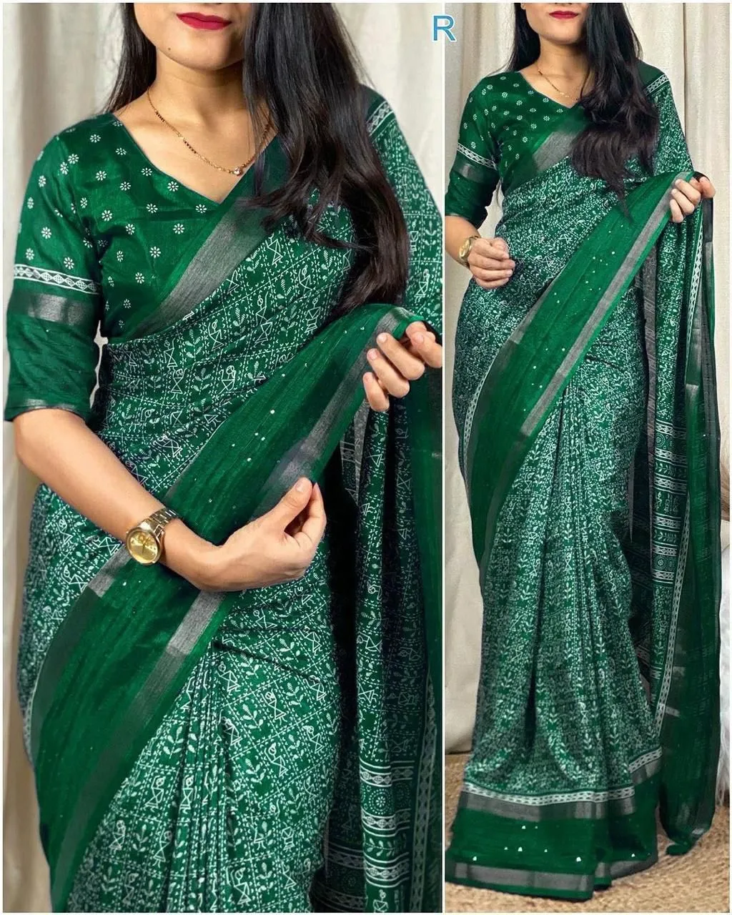 Classic Bottle Green Kalamkari Printed Saree with Antique Gold Border