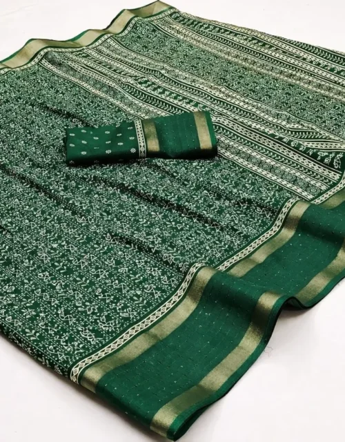 Classic Bottle Green Kalamkari Printed Saree with Antique Gold Border