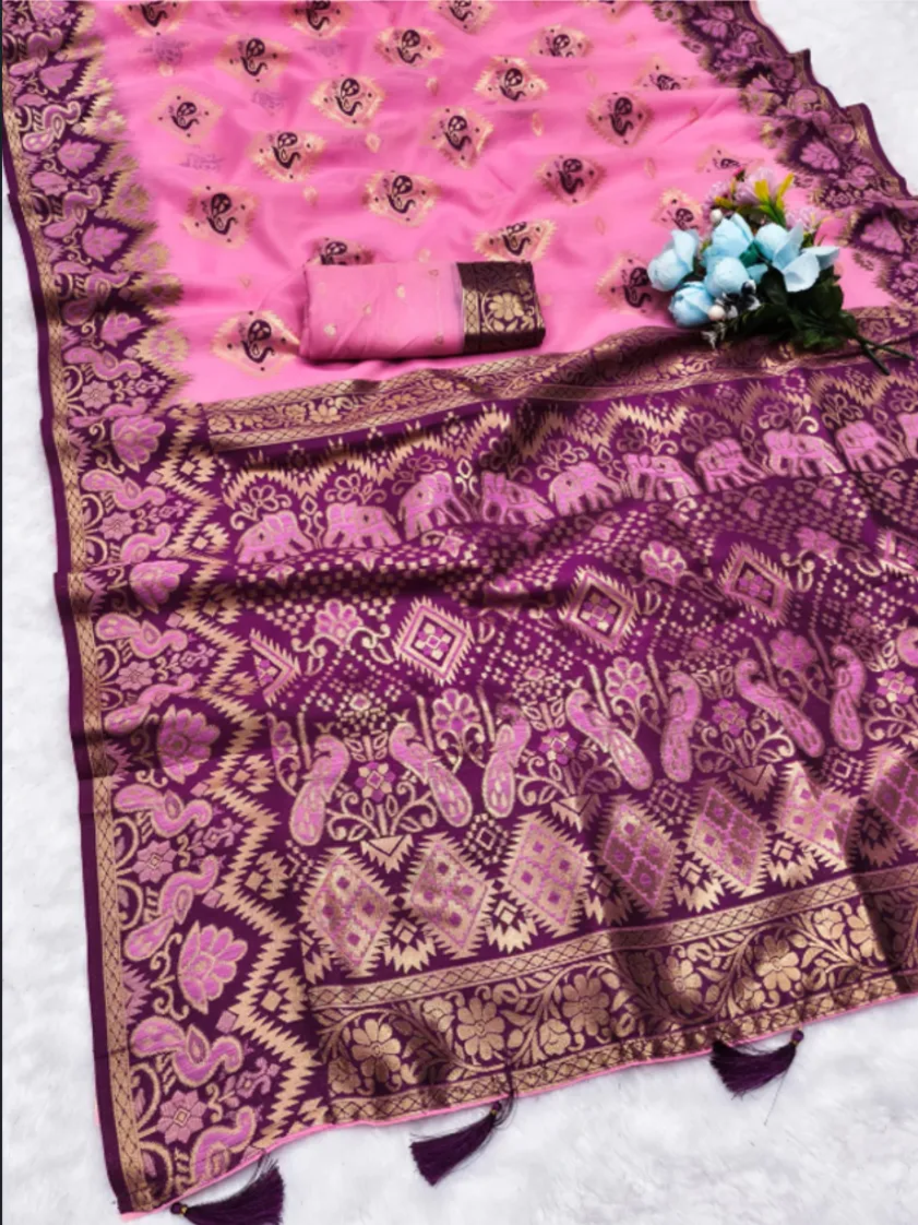 Rose Pink & Royal Plum Cotton Silk Saree with Beautiful Contrast Peacock Border and tassels - Image 3