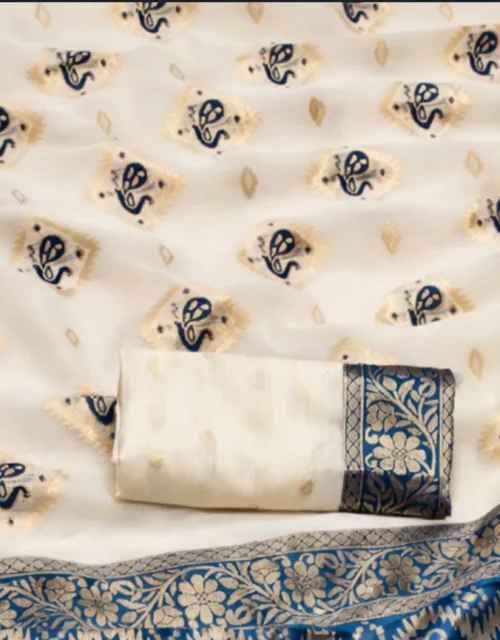 Ivory White & Sapphire Cotton Silk Saree with Beautiful Contrast Peacock Border and tassels