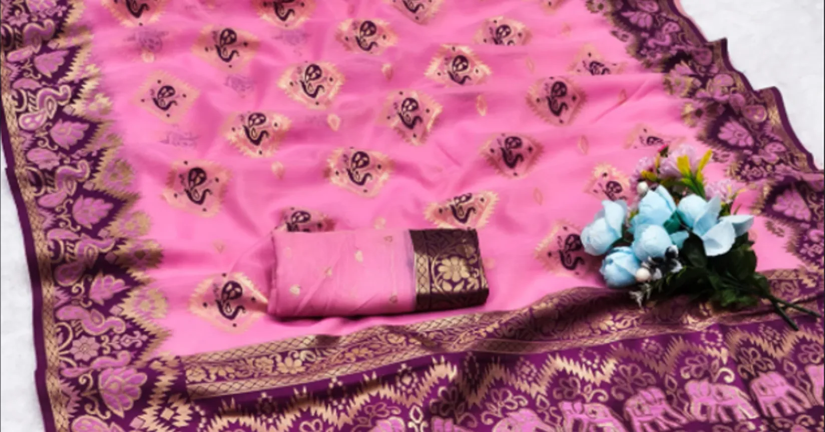 Rose Pink & Royal Plum Cotton Silk Saree with Beautiful Contrast Peacock Border and tassels - Image 4