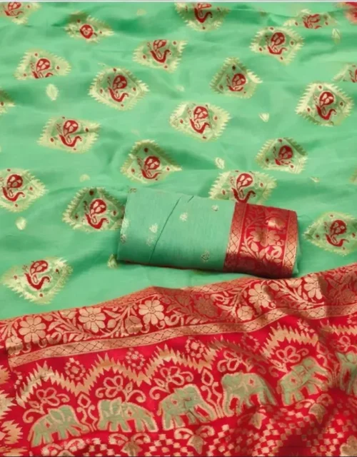 Mint Green & Crimson Red Cotton Silk Saree with Beautiful Contrast Peacock Border and tassels