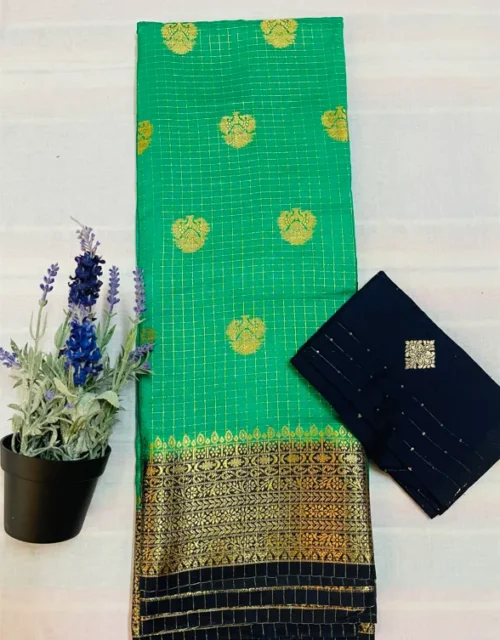 Emerald Green Viscose Silk Saree with Gold Zari Butta & Black Contrast Border