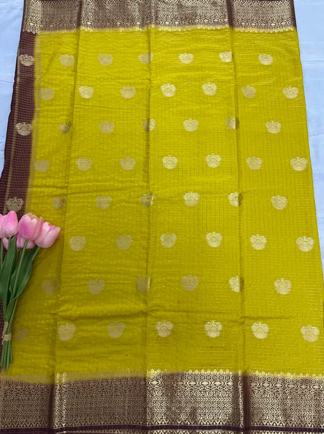 Mustard Yellow Viscose Silk Saree with Antique Gold Zari Butta & Contrast Border - Image 4