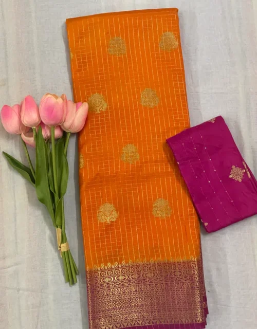 Bright Orange Viscose Silk Saree with Gold Zari Butta & Purple Contrast Border