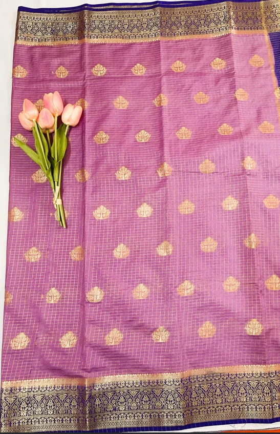 Lilac Mauve Viscose Silk Saree with Antique Gold Zari Butta & Royal Blue Border - Image 3