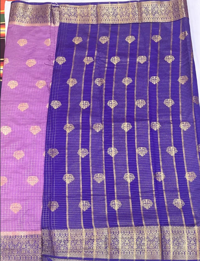 Lilac Mauve Viscose Silk Saree with Antique Gold Zari Butta & Royal Blue Border - Image 4