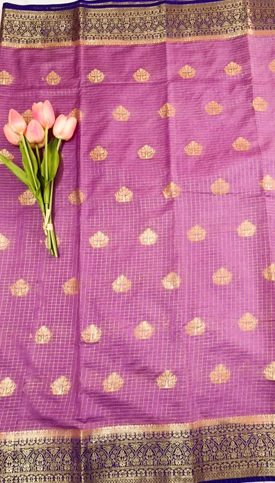 Lilac Mauve Viscose Silk Saree with Antique Gold Zari Butta & Royal Blue Border - Image 5