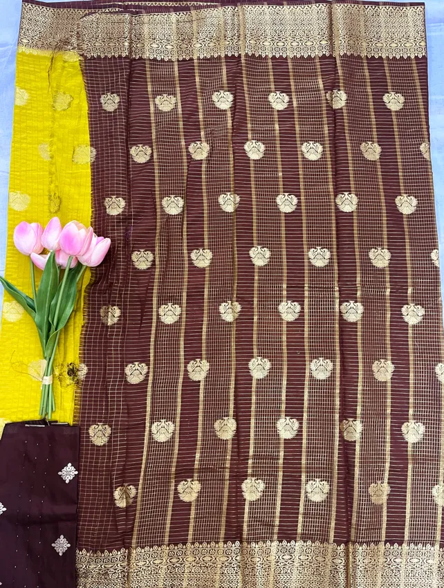Mustard Yellow Viscose Silk Saree with Antique Gold Zari Butta & Contrast Border - Image 5