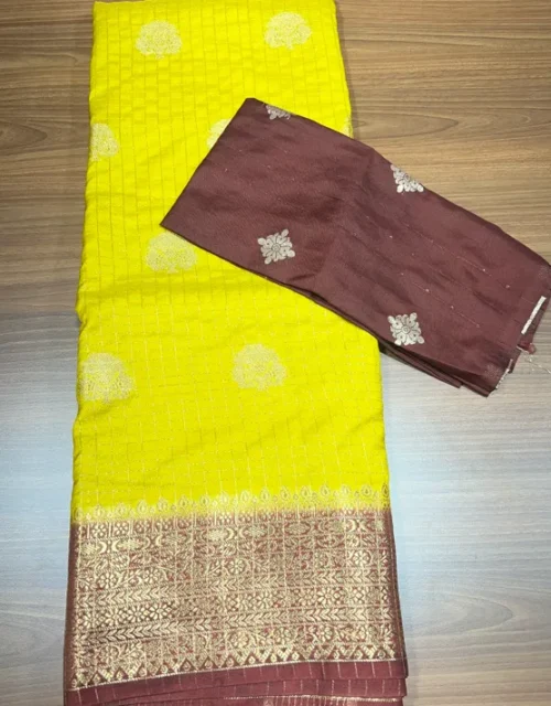 Mustard Yellow Viscose Silk Saree with Antique Gold Zari Butta & Contrast Border