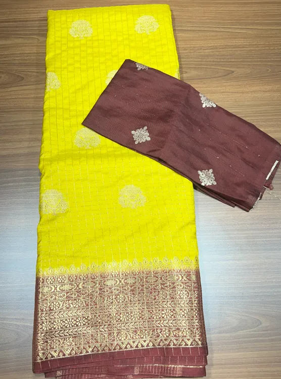 Mustard Yellow Viscose Silk Saree with Antique Gold Zari Butta & Contrast Border