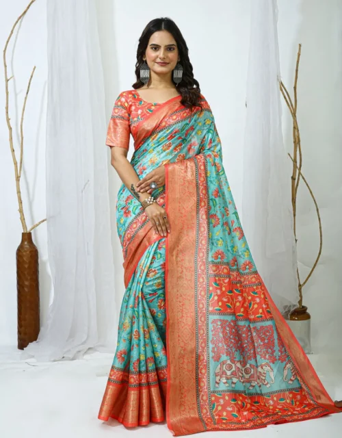 Sea Blue Floral Printed Soft Dola Cotton Saree with Contrast Border