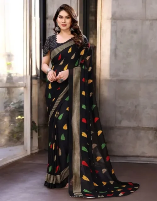 Black Printed Georgette Saree