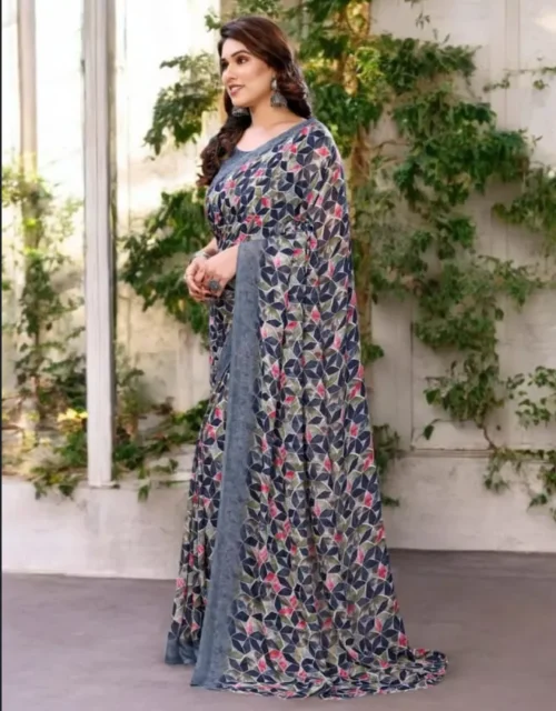 Grey Printed Georgette Saree
