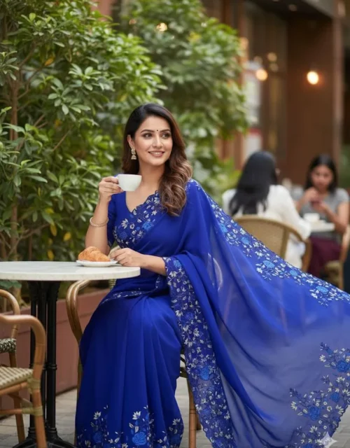 Royal Blue Embroidered Georgette Saree
