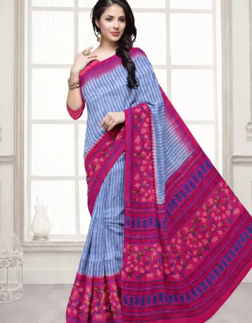 Printed Mul Mul Cotton Saree with Blouse - Blue & Pink