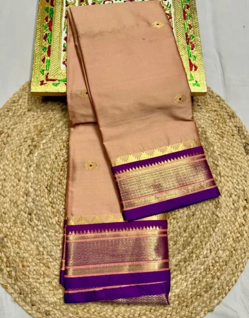 Peach Soft Silk Mix Paithani Saree with Purple Contrast Border and Gold Zari Butta