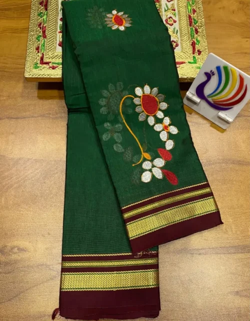 Emerald Green Soft Silk Paithani Saree with Hand-Embroidered Floral Motif and Maroon Border