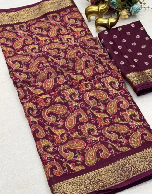 Beautiful soft Maroon mul mul cotton saree with all over kashmiri print