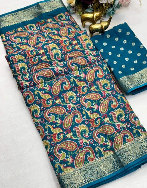 Beautiful soft Blue mul mul cotton saree with all over kashmiri print