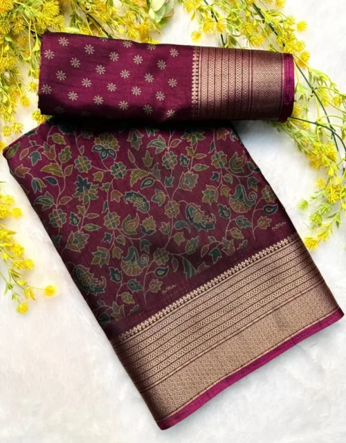 Soft Maroon Dola Silk Saree with Kalamkari Design with Blouse