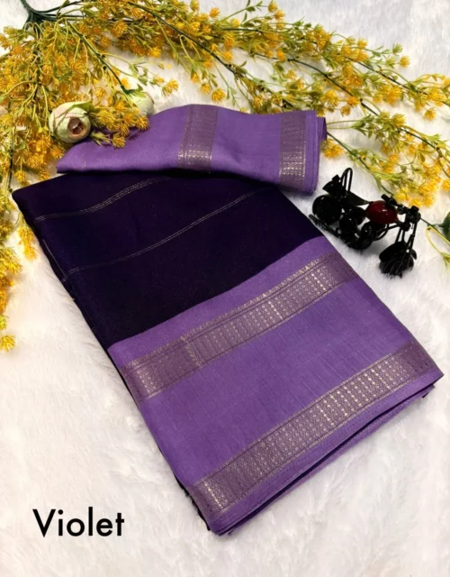 Fancy Marshmelon Saree - dark violet with gold horizontal zari stripes