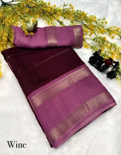 Fancy Marshmelon Saree - deep wine with gold horizontal zari stripes