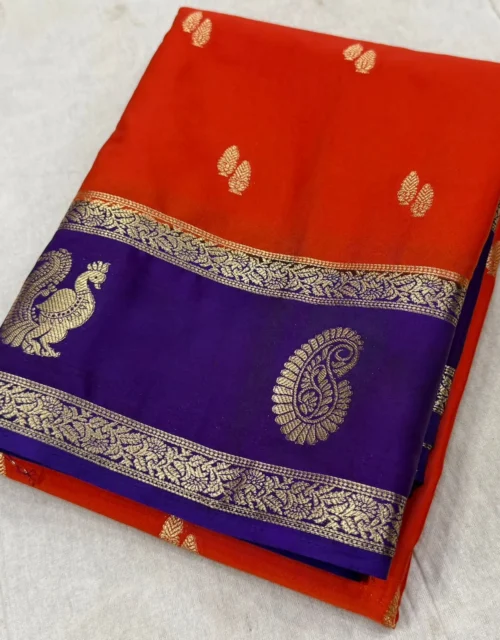 Crimson Red Mysore Crepe Silk Saree with Antique Gold Zari Buttas & Royal Purple Border