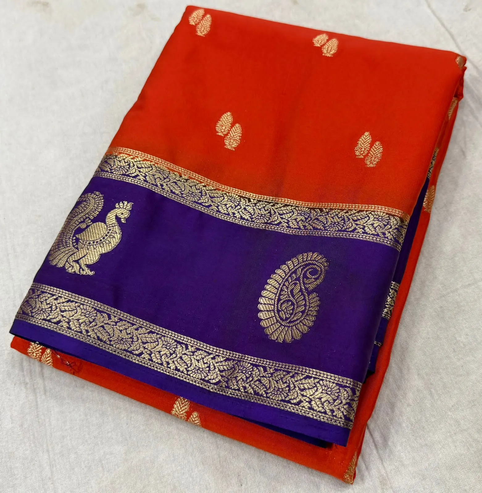 Crimson Red Mysore Crepe Silk Saree with Antique Gold Zari Buttas & Royal Purple Border