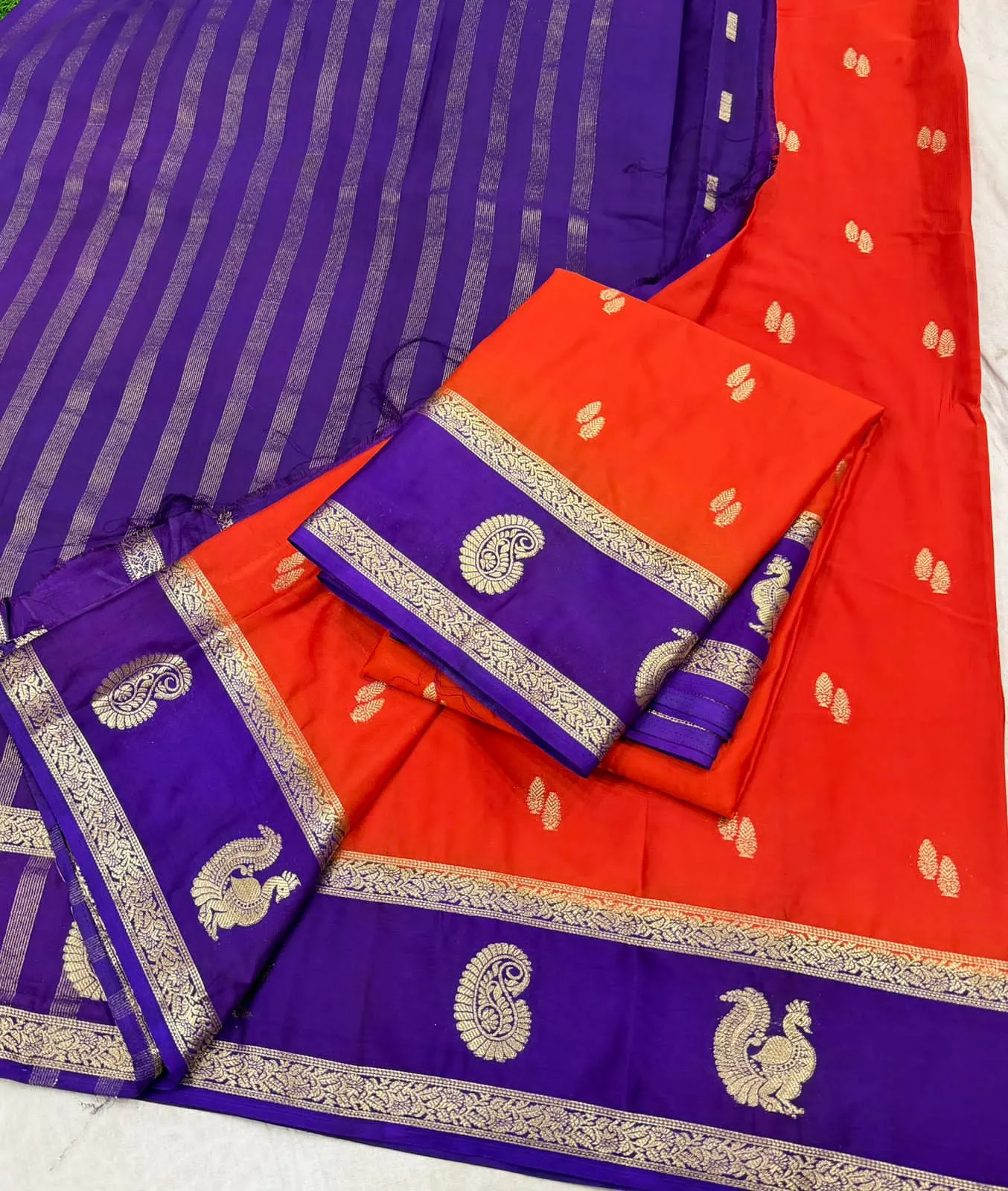 Crimson Red Mysore Crepe Silk Saree with Antique Gold Zari Buttas & Royal Purple Border - Image 3