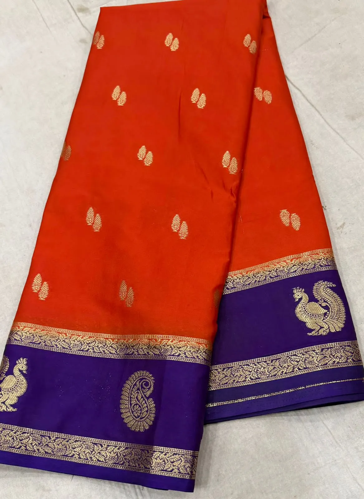 Crimson Red Mysore Crepe Silk Saree with Antique Gold Zari Buttas & Royal Purple Border - Image 4