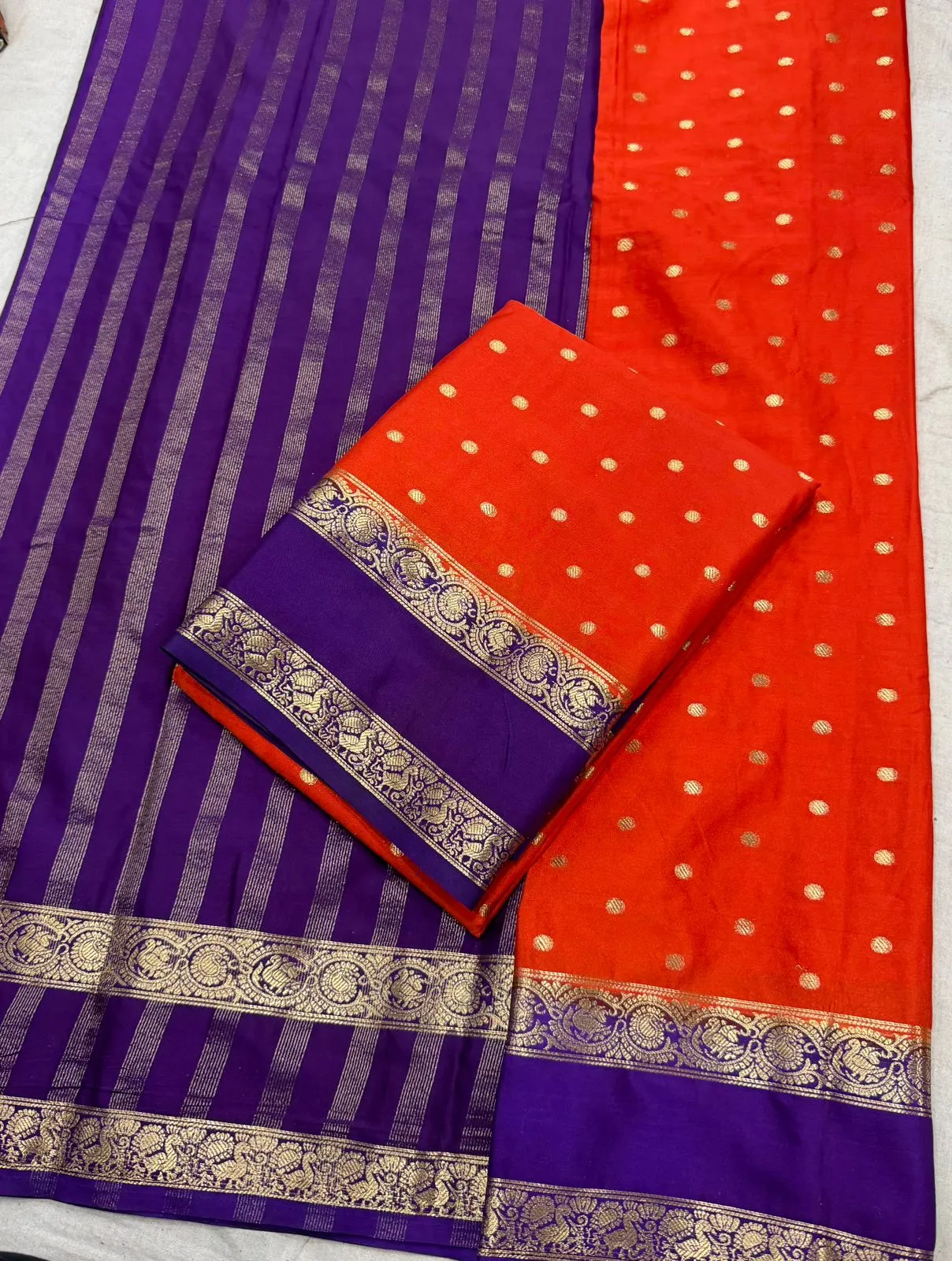 Crimson Red Mysore Crepe Silk Saree with Antique Gold Zari Buttas & Royal Purple Border - Image 5