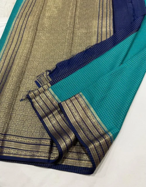 Teal Blue Viscose Silk Saree with Gold Bentex Zari Border
