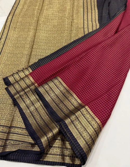 Wine Maroon Viscose Silk Saree with Antique Gold Bentex Zari Border