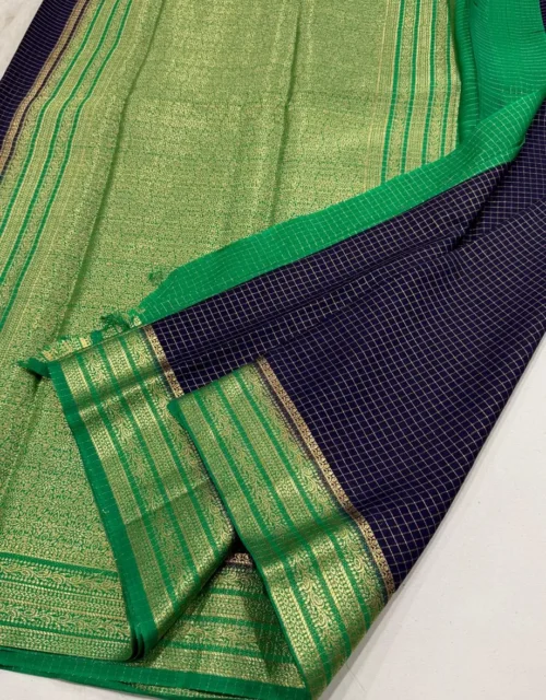 Navy Blue & Emerald Green Viscose Silk Saree with Rich Gold Bentex Zari Border