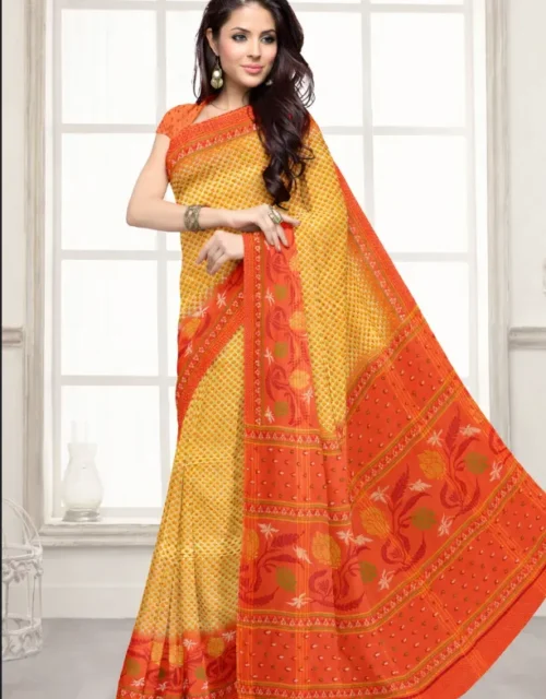 Printed Mul Mul Cotton Saree with Blouse - Mustard Yellow & Orange