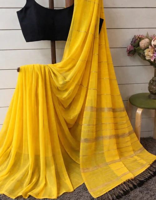 Khadi Cotton Color Bar Saree - Yellow